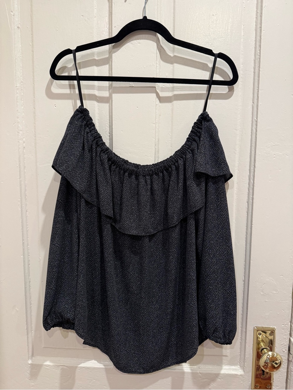 Ann Taylor Black Off-Shoulder Ruffle Blouse, Grey, M